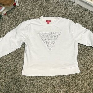 Guess White Cropped Crewneck Sweatshirt with Logo Triangle